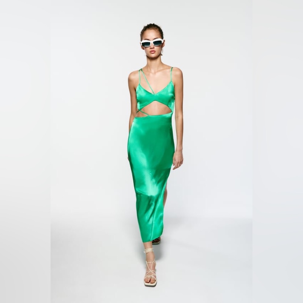 Zara Satin Slip Dress Emerald Green Asymmetrical Midi Wedding Guest Size XS